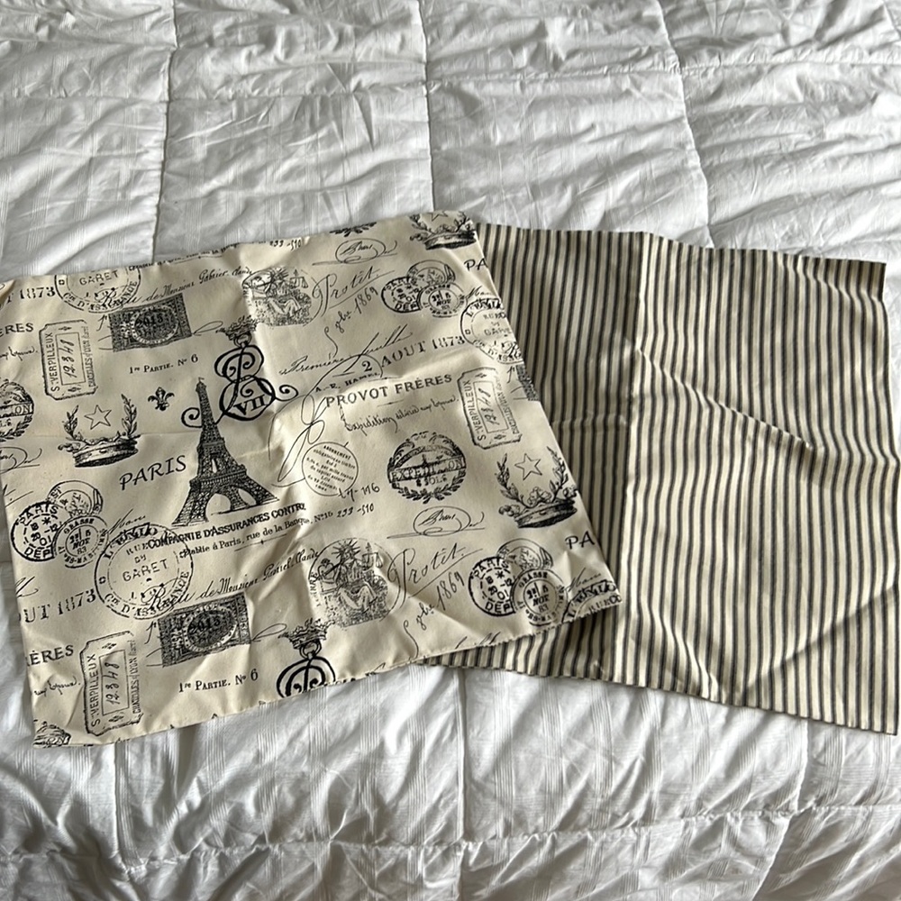 Pillow covers, 18x18, set of 2, black/cream stripe, French inspired.  One each.